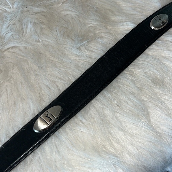 Black leather belt with silver tone golfer/golf conchos and metal tip est men XL - Picture 8 of 15